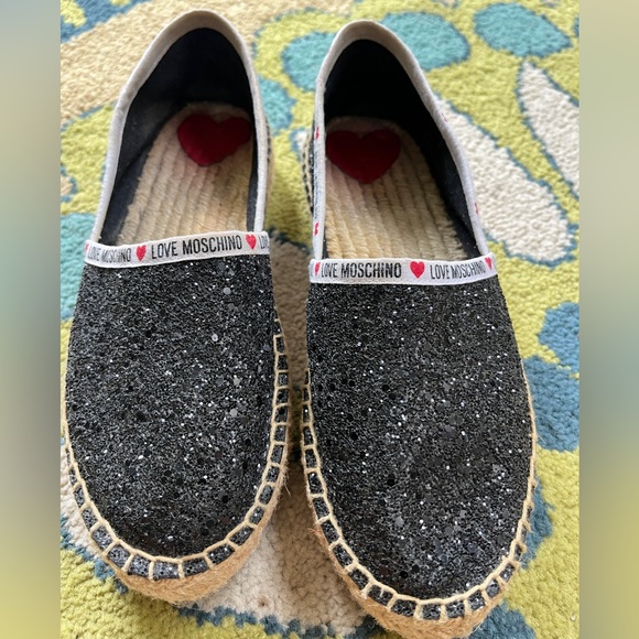 LOVE MOSCHINO BLACK Sequins ESPADRILLES Size 38 excellent but shows wear - Picture 2 of 5